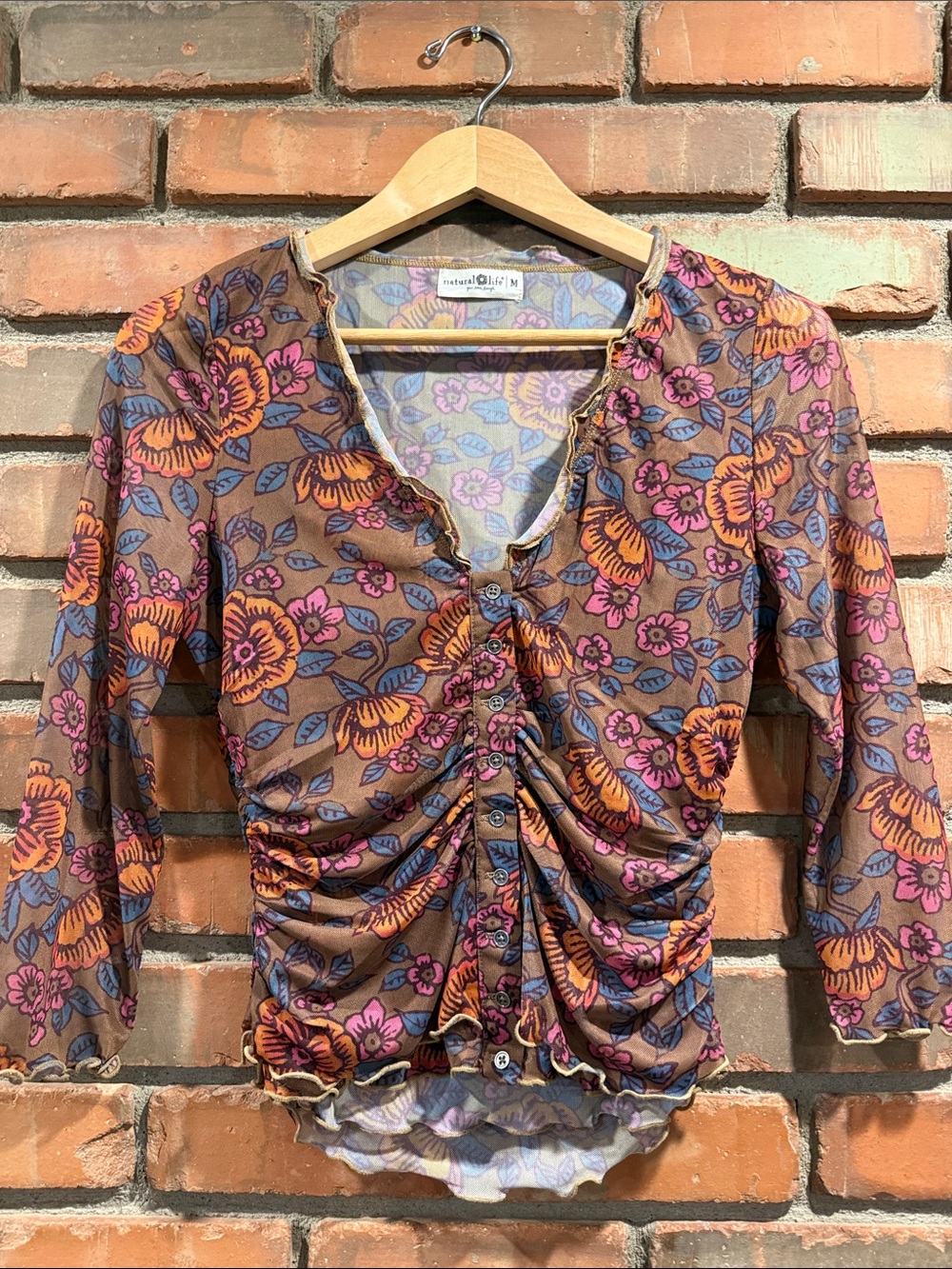 NATURAL LIFE Brown Floral Ruched Button-Up Top with Pink & Orange Flowers